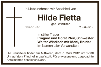 Traueranzeige von Hilde Fietta von Pegnitz-Zeitung